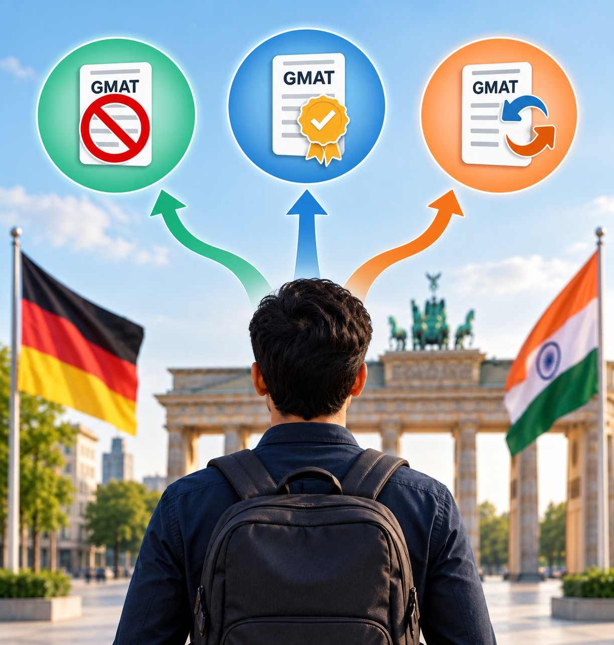 Student comparing no-GMAT, GMAT waiver and GMAT alternative routes for MBA admission in Germany, with study and career symbols in a German setting.